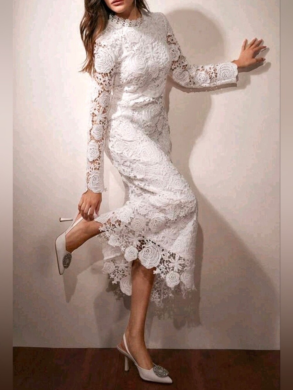 New Floral Embroidered Lace Sheer Mock Neck Scalloped Midi Dress White - Picture 4 of 14